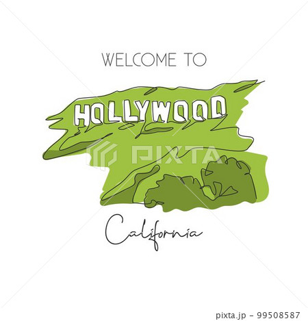 Depok, Indonesia - August 2, 2019: Single continuous line drawing of Hollywood sign landmark. Famous place in Los Angeles, California, US. Home decor wall art poster print. Vector graphic illustration 99508587