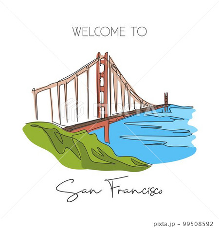 One single line drawing Golden Gate Bridge landmark. Iconic place in San Francisco, USA. Tourism travel home decor wall art poster print concept. Modern continuous line draw design vector illustration One single line drawing Golden Gate Bridge landmark. Iconic place in San Francisco, USA. Tourism travel home decor wall art poster print concept. Modern continuous line draw design vector illustration 99508592