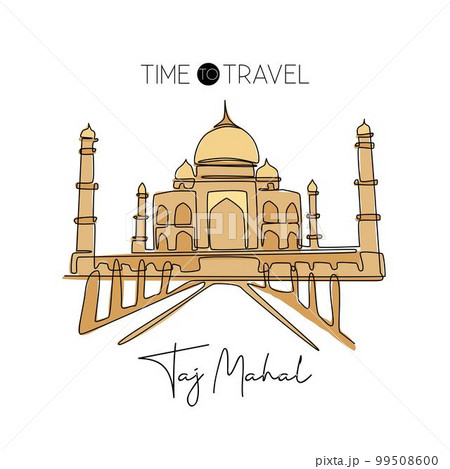 Single continuous line drawing Taj Mahal landmark. Historical beauty iconic place in Agra, India. World travel home decor wall art poster print concept. Modern one line draw design vector illustration Single continuous line drawing Taj Mahal landmark. Historical beauty iconic place in Agra, India. World travel home decor wall art poster print concept. Modern one line draw design vector illustration 99508600