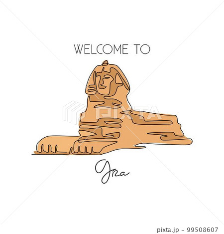 One continuous line drawing of Great Sphinx. Historical tomb iconic place in Giza, Egypt. Holiday vacation home wall decor art poster print concept. Modern single line draw design vector illustration 99508607