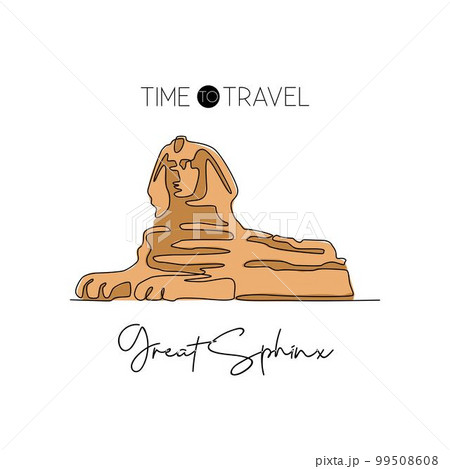 Single continuous line drawing Great Sphinx landmark. Historical iconic pyramid place in Giza, Egypt. World travel home decor wall art poster concept. Modern one line draw design vector illustration Single continuous line drawing Great Sphinx landmark. Historical iconic pyramid place in Giza, Egypt. World travel home decor wall art poster concept. Modern one line draw design vector illustration 99508608