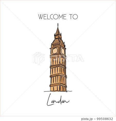 Single continuous line drawing of Big Ben clock tower landmark. Historical iconic beauty place in London. Home decor wall art poster print concept. Modern one line draw design vector illustration Single continuous line drawing of Big Ben clock tower landmark. Historical iconic beauty place in London. Home decor wall art poster print concept. Modern one line draw design vector illustration 99508632