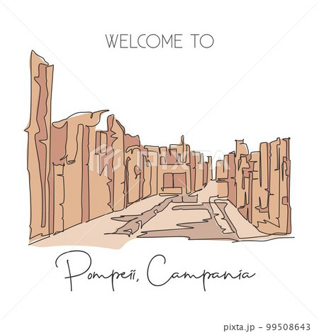 One continuous line drawing Pompeii classical Roman city landmark. Historical skyline at Naples, Italy. Holiday vacation wall decor poster concept. Trendy single line draw design vector illustration 99508643