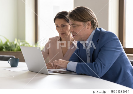 Mature couple of business colleagues sharing laptop at workplace Mature couple of business colleagues sharing laptop at workplace 99508644