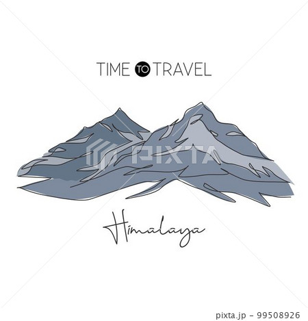 Single continuous line drawing Himalayan Mount Everest landmark. Beautiful famous place in Nepal. World travel tour home decor wall art poster concept. Modern one line draw design vector illustration Single continuous line drawing Himalayan Mount Everest landmark. Beautiful famous place in Nepal. World travel tour home decor wall art poster concept. Modern one line draw design vector illustration 99508926