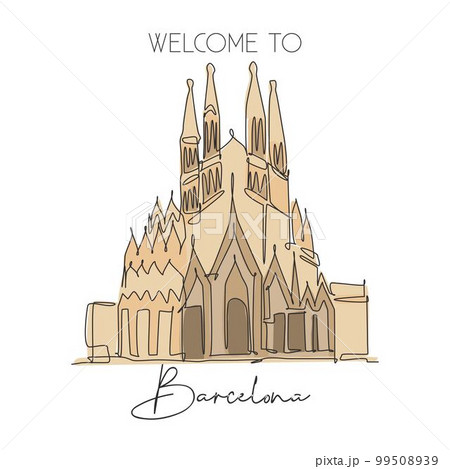 Depok, Indonesia - August 7, 2019: One single line drawing of welcome to Basilica de la Sagrada Familia landmark. World famous place in Barcelona, Spain. Tourism travel postcard. Vector illustration Depok, Indonesia - August 7, 2019: One single line drawing of welcome to Basilica de la Sagrada Familia landmark. World famous place in Barcelona, Spain. Tourism travel postcard. Vector illustration 99508939