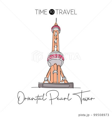 Depok, Indonesia - August 6, 2019: Single continuous line drawing Oriental Pearl Tower landmark. Beautiful place in Shanghai, China. World travel wall decor poster print concept. Vector illustration 99508973