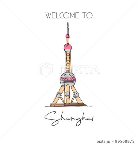 Depok, Indonesia - August 6, 2019: One single line drawing Oriental Pearl Tower landmark. World famous place in Shanghai, China. Tourism travel postcard wall decor poster concept. Vector illustration 99508975