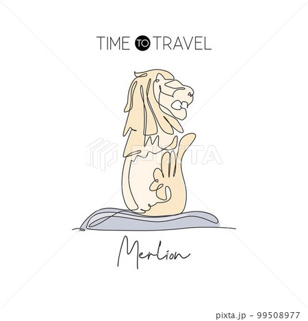 Depok, Indonesia - August 6, 2019: Single continuous line drawing Merlion fountain to landmark. Beauty famous place in Singapore. World travel wall decor art poster print concept. Vector illustration 99508977