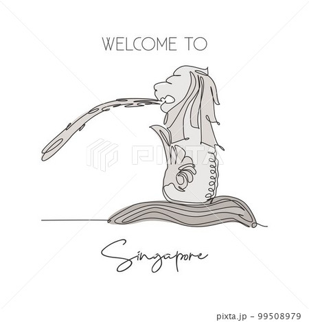 Depok, Indonesia-August 6, 2019: One continuous line drawing Merlion fountain landmark. World iconic place in Singapore. Holiday vacation home wall decor poster art print concept. Vector illustration Depok, Indonesia-August 6, 2019: One continuous line drawing Merlion fountain landmark. World iconic place in Singapore. Holiday vacation home wall decor poster art print concept. Vector illustration 99508979
