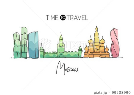 Single continuous line drawing of Moscow city skyline, Russia. Famous city scraper and landscape. World travel concept home wall decor poster print art. Modern one line draw design vector illustration 99508990