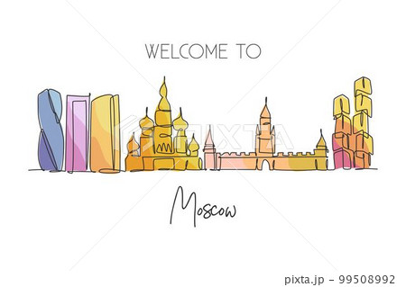 One continuous line drawing of Moscow city skyline, Russia. Beautiful landmark. World landscape tourism travel vacation wall decor art poster print. Stylish single line draw design vector illustration 99508992
