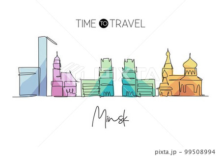 One single line drawing of Minsk city skyline, Belarus. Historical town landscape in world. Best holiday destination wall decor. Editable stroke trendy continuous line draw design vector illustration 99508994