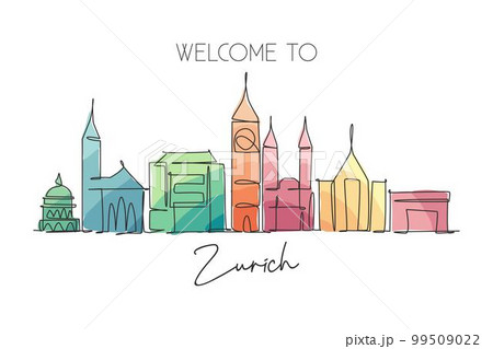 One continuous line drawing of Zurich city skyline, Switzerland. Beautiful skyscraper. World landscape tourism travel home wall decor poster print. Stylish single line draw design vector illustration 99509022