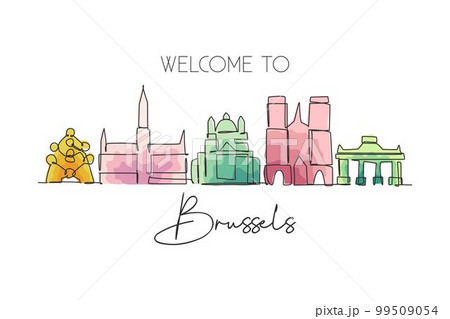 One single line drawing of Brussels city skyline, Belgium. Historical skyscraper landscape in world. Best holiday destination home wall decor. Trendy continuous line draw design vector illustration One single line drawing of Brussels city skyline, Belgium. Historical skyscraper landscape in world. Best holiday destination home wall decor. Trendy continuous line draw design vector illustration 99509054