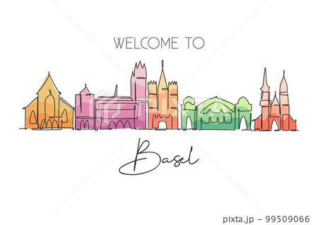 One single line drawing of Basel city skyline, Switzerland. Historical skyscraper landscape in world. Best holiday destination home wall decor. Trendy continuous line draw design vector illustration 99509066
