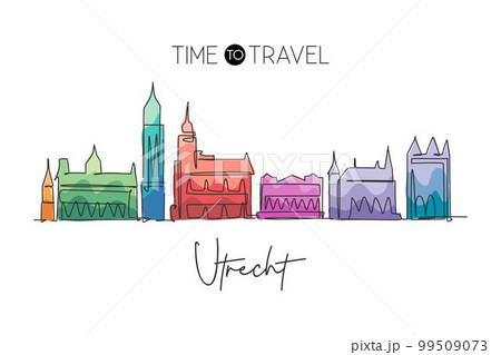 One continuous line drawing of Utrecht city skyline, Netherlands. Beautiful skyscraper. World landscape tourism travel vacation wall decor poster. Stylish single line draw design vector illustration 99509073