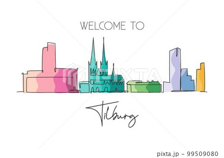 One single line drawing Tilburg city skyline Netherlands. Historical landscape in world postcard. Best holiday destination wall decor poster art. Trendy continuous line draw design vector illustration 99509080