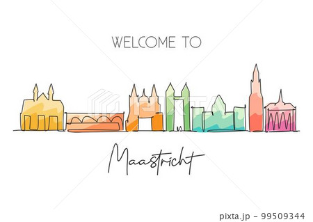 One single line drawing of Maastricht city skyline, Netherlands. Historical skyscraper landscape in world. Best holiday destination wall decor poster. Continuous line draw design vector illustration 99509344