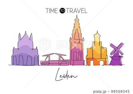 One single line drawing of Leiden city skyline, Netherlands. Historical skyscraper landscape in world. Best holiday destination wall decor poster print. Continuous line draw design vector illustration 99509345
