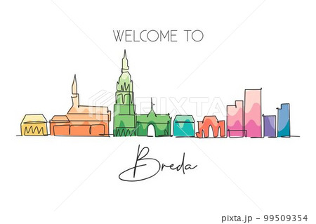 Single continuous line drawing of Breda city skyline, Netherlands. Famous skyscraper landscape postcard. World travel wall decor poster print concept. Modern one line draw design vector illustration 99509354