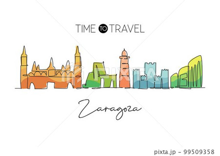 One single line drawing of Zaragoza city skyline, Spain. Historical skyscraper landscape in the world. Best holiday destination wall decor poster print. Continuous line draw design vector illustration One single line drawing of Zaragoza city skyline, Spain. Historical skyscraper landscape in the world. Best holiday destination wall decor poster print. Continuous line draw design vector illustration 99509358