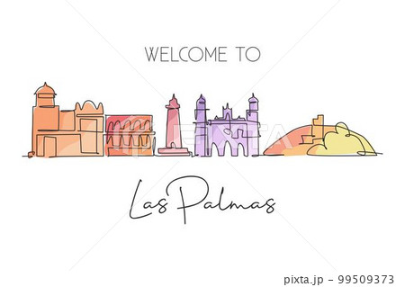 One single line drawing of Las Palmas city skyline Spain. Historical skyscraper landscape in world postcard. Best holiday destination wall decor poster. Continuous line draw design vector illustration One single line drawing of Las Palmas city skyline Spain. Historical skyscraper landscape in world postcard. Best holiday destination wall decor poster. Continuous line draw design vector illustration 99509373