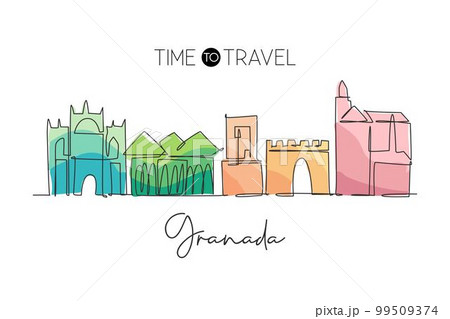 One single line drawing of Granada city skyline, Spain. Historical landscape in world postcard. Best holiday destination wall decor poster art. Trendy continuous line draw design vector illustration 99509374