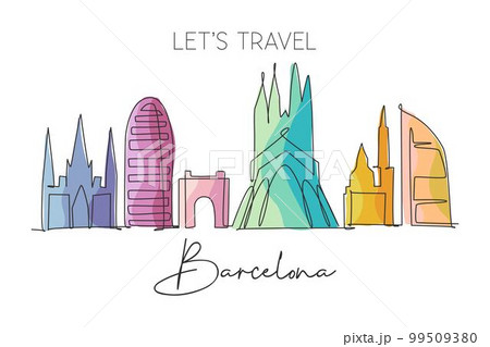One continuous line drawing of Barcelona city skyline, Spain. Beautiful skyscraper. World landscape tourism travel vacation wall decor poster print. Stylish single line draw design vector illustration One continuous line drawing of Barcelona city skyline, Spain. Beautiful skyscraper. World landscape tourism travel vacation wall decor poster print. Stylish single line draw design vector illustration 99509380