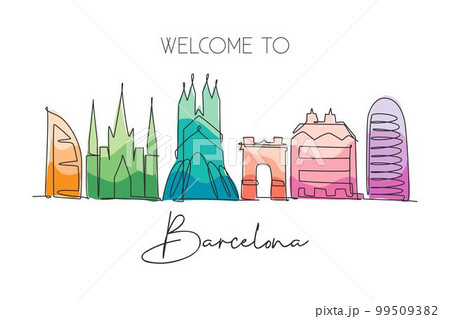 One single line drawing of Barcelona city skyline, Spain. Historical skyscraper landscape in world postcard. Best holiday destination wall decor poster. Continuous line draw design vector illustration 99509382