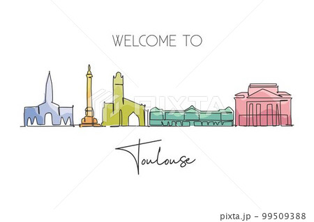 One continuous line drawing of Toulouse city skyline, France. Beautiful skyscraper postcard. World landscape tourism travel vacation wall decor poster art. Single line draw design vector illustration One continuous line drawing of Toulouse city skyline, France. Beautiful skyscraper postcard. World landscape tourism travel vacation wall decor poster art. Single line draw design vector illustration 99509388