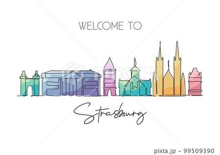 One single line drawing of Strasbourg city skyline, France. Historical skyscraper landscape in world. Best holiday destination wall decor poster. Trendy continuous line draw design vector illustration 99509390