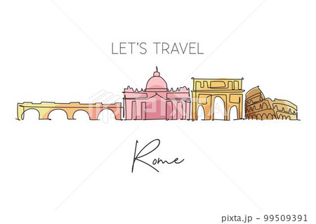Single continuous line drawing of Rome city skyline Italy. Famous Roma city skyscraper landscape. World travel home wall decor poster print art concept. Modern one line draw design vector illustration 99509391
