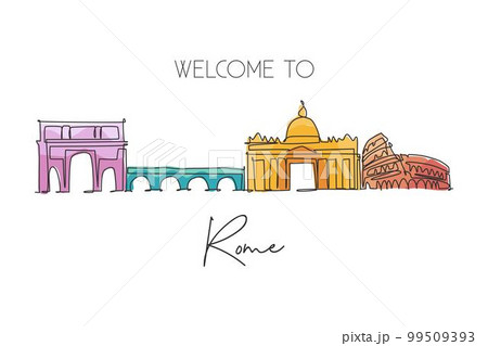 Single continuous line drawing of Rome city skyline, Italy. Famous Roma skyscraper landscape. World travel home wall decor poster print art concept. Modern one line draw design vector illustration 99509393