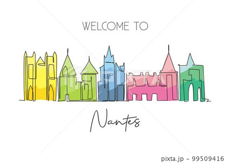 One continuous line drawing of Nantes city skyline, France. Beautiful city skyscraper. World landscape tourism travel wall decor poster art concept. Stylish single line draw design vector illustration 99509416