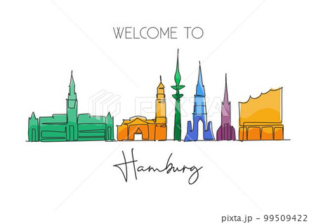 One continuous line drawing of Hamburg city skyline, Germany. Beautiful skyscraper. World landscape tourism travel wall decor poster print concept. Stylish single line draw design vector illustration 99509422