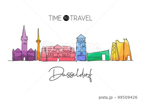One continuous line drawing of Dusseldorf city skyline, Germany. Beautiful skyscraper. World landscape tourism travel vacation wall decor poster. Stylish single line draw design vector illustration 99509426