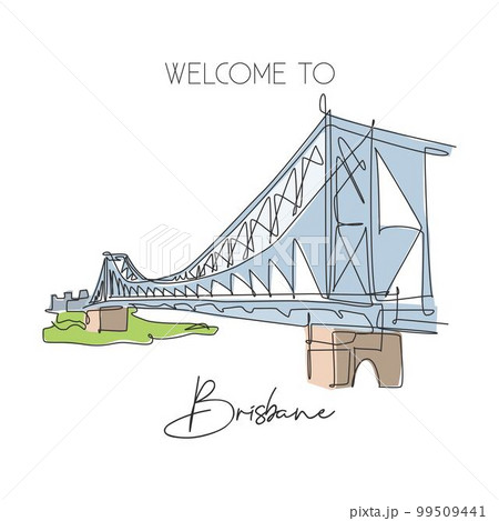 Single continuous line drawing Story Bridge landmark. Beautiful famous place in Brisbane, Australia. World travel home wall decor poster art concept. Modern one line draw design vector illustration Single continuous line drawing Story Bridge landmark. Beautiful famous place in Brisbane, Australia. World travel home wall decor poster art concept. Modern one line draw design vector illustration 99509441