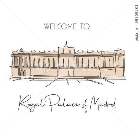 Single continuous line drawing Royal Palace of Madrid landmark. Beautiful famous place in Madrid Spain. World travel home wall decor poster art concept. Simple one line draw design vector illustration Single continuous line drawing Royal Palace of Madrid landmark. Beautiful famous place in Madrid Spain. World travel home wall decor poster art concept. Simple one line draw design vector illustration 99509531
