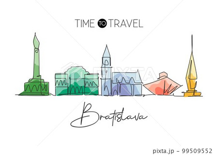 One single line drawing of Bratislava city skyline, Slovakia. Historical town landscape in the world. Best holiday destination. Editable stroke trendy continuous line draw design vector illustration One single line drawing of Bratislava city skyline, Slovakia. Historical town landscape in the world. Best holiday destination. Editable stroke trendy continuous line draw design vector illustration 99509552
