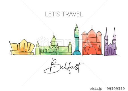 Single continuous line drawing of Belfast city skyline, Northern Ireland. Famous city landscape. World travel concept home wall decor poster print art. Modern one line draw design vector illustration 99509559