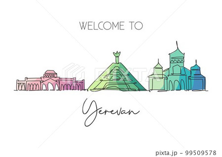 One continuous line drawing of Yerevan city skyline, Armenia. Beautiful landmark. World landscape tourism travel vacation poster. Editable stylish stroke single line draw design vector illustration 99509578