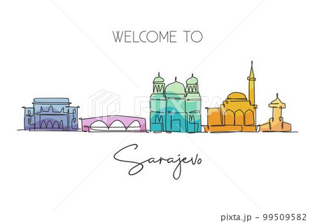 Single continuous line drawing of Sarajevo city skyline, Bosnia and Herzegovina. Famous landscape. World travel concept home wall decor poster print. Modern one line draw design vector illustration 99509582
