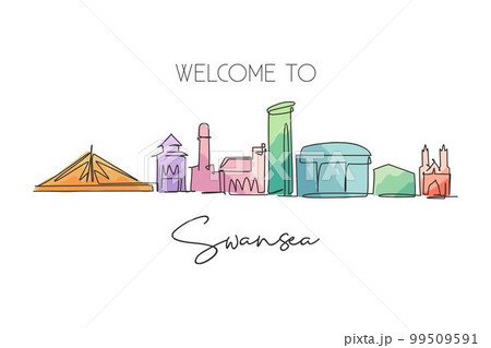 Single continuous line drawing of Swansea city skyline, United Kingdom. Famous city landscape. World travel concept home wall decor poster print art. Modern one line draw design vector illustration 99509591