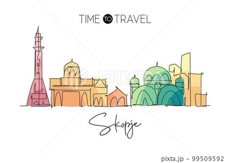 One continuous line drawing of Skopje city skyline, Macedonia. Beautiful landmark. World landscape tourism and travel vacation. Editable stylish art stroke single line draw design vector illustration 99509592