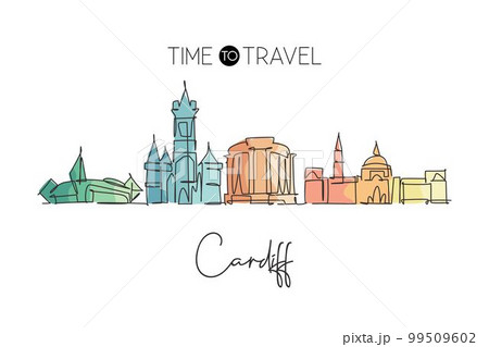 One single line drawing of Cardiff city skyline, Wales. Historical town landscape in the world. Best holiday destination poster. Editable stroke trendy continuous line draw design vector illustration 99509602