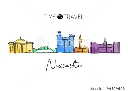 Single continuous line drawing of Newcastle city skyline. Famous city skyscraper landscape in world. Travel campaign wall decor home art poster concept. Modern one line draw design vector illustration 99509608