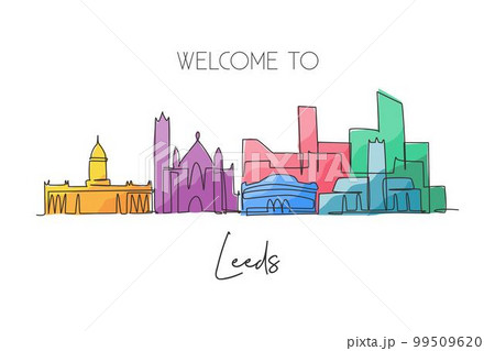 Single continuous line drawing of Leeds city skyline. Famous city skyscraper landscape. World travel campaign home decor wall art poster print concept. Modern one line draw design vector illustration 99509620