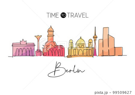 Single continuous line drawing of Berlin city skyline. Famous city skyscraper landscape. World travel postcard home decor wall art poster print concept. Modern one line draw design vector illustration Single continuous line drawing of Berlin city skyline. Famous city skyscraper landscape. World travel postcard home decor wall art poster print concept. Modern one line draw design vector illustration 99509627