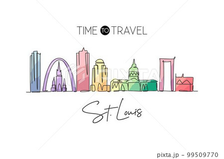 One continuous line drawing of St. Louis city skyline, USA. Beautiful landmark. World landscape tourism travel vacation wall decor art poster print. Stylish single line draw design vector illustration 99509770